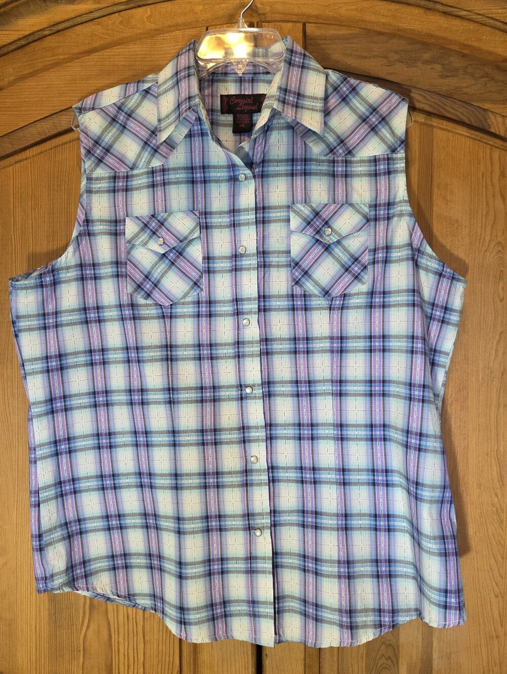 Women's Cowgirl Western Sleeveless Shirt 2XL Pearl Snap Blue Purple Plaid